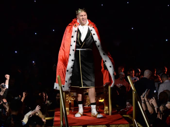 Tyson Fury enters the ring for his WBC heavyweight title bout against Deontay Wilder at MGM Grand Garden Arena.